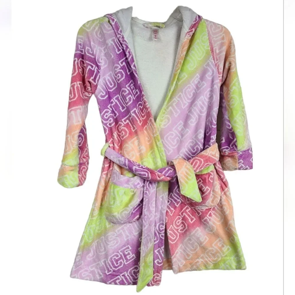 Justice Girls 10 Plush Faux Fur Hooded Robe Sparkle Rainbow Fleece Soft Bathrobe